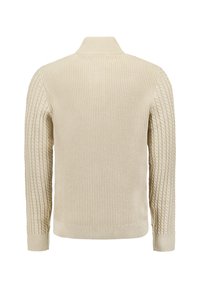 Beige gebreide trui met een hoge kraag, voorzien van ribbel- en kabelbrei-textuur op de schouders en mouwen. Subtiele rekbare stof.