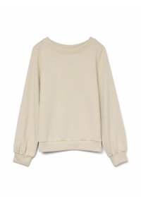 Felpa beige con scollatura rotonda, maniche lunghe a sbuffo e orlo a coste. Realizzata in tessuto morbido, presenta una texture liscia.