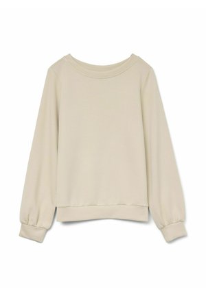 Sweatshirt beige avec un col rond, de longues manches bouffantes et un ourlet côtelé. Fabriqué en tissu doux, avec une texture lisse.