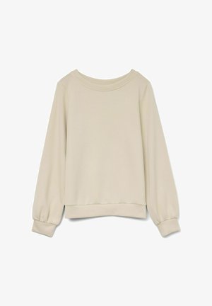 Sweatshirt beige avec un col rond, de longues manches bouffantes et un ourlet côtelé. Fabriqué en tissu doux, avec une texture lisse.