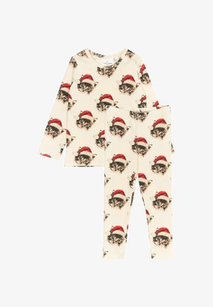 Pajama komplet s dolgimi rokavi, ki ima svetlo kremasto ozadje s karikaturami mačjih obrazov v rdečih božičnih kapah; mehak material z rebrasto teksturo.