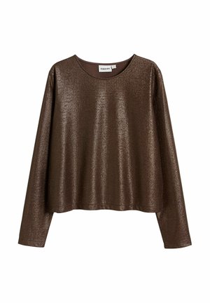 Brown, long-sleeve top made of textured, shiny fabric with a round neckline and a relaxed fit, featuring a subtle shimmer.