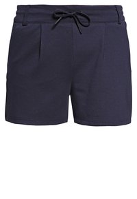 Shorts décontractés bleu marine avec une taille élastique et un cordon noir noué à l'avant, dotés de passants pour ceinture et de plis à l'avant.