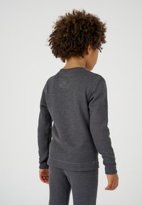 Grauer Baumwollpullover mit rundem Halsausschnitt und langen Ärmeln, der mit einer gerippten Textur und einer lockeren Passform überzeugt. Die Rückansicht zeigt minimale Details.