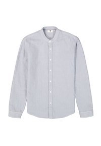 Camisa de botones azul claro hecha de algodón con cuello mao, mangas largas y dobladillo recto. Presenta botones blancos en la parte delantera.