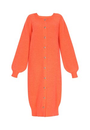 Rochie tricotată portocalie, cu mâneci lungi tip puff, decolteu rotund și închidere cu butoni metalici pe față. Textură moale, material cu tijă.