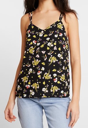 Zwarte mouwloze top met een V-hals, voorzien van een bloemenprint in geel, roze en wit, en dunne schouderbandjes. Lichtgewicht stof.