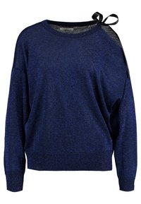 Merenneidon sininen kimalteleva neulepaita, jossa on pyöreä pääntie, rento istuvuus, pitkät hihat ja koristeellinen musta nauha vasemmalla olkapäällä.