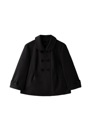 Manteau pea coat en laine noire avec col large, fermeture boutonnée double boutonnage, poches latérales et poignets boutonnés.