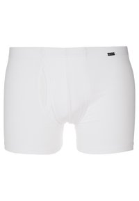 Vita bomullsboxershorts med mjuk textur, elastisk midja och en öppning fram, med en liten svart logotyp på midjebandet.