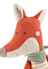 Stuffed fox toy with an orange fabric head, white textured ears, a green scarf, and a striped, beige body. Notable facial details include stitched eyes.