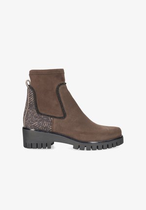 Brown suede ankle boot with a textured side panel and decorative piping, featuring a block heel and rugged sole for grip.