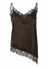 Brun satengcamisole med justerbare stropper, med blondetrim rundt halsen og kanten. Asymmetrisk snitt gir unik designdetalj.