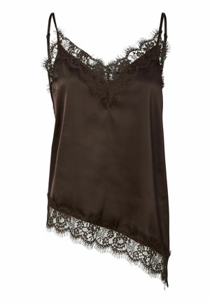 Brun satengcamisole med justerbare stropper, med blondetrim rundt halsen og kanten. Asymmetrisk snitt gir unik designdetalj.
