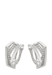 Sudraba riņķveida auskari ar ģeometriskām izgriezumiem un diognālas rindas maziem caurspīdīgiem akmentiņiem katrā.