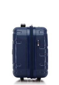 Valigia rigida blu navy con motivo a nido d'ape testurizzato, doppia cerniera e quattro ruote per la mobilità. Manico estraibile sulla parte superiore.