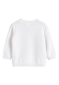 Pull en maille blanche à manches longues, col et poignets côtelés, présentant une texture lisse et un design simple. Vue arrière montrée.