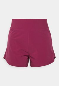 Bordeaux urheilushortsit, joissa on korkea vyötärö, sileä rakenne ja sivuhalkiot liikkumista varten. Ominaisuudet ovat minimalistinen muotoilu ilman kuvioita tai koristeita.