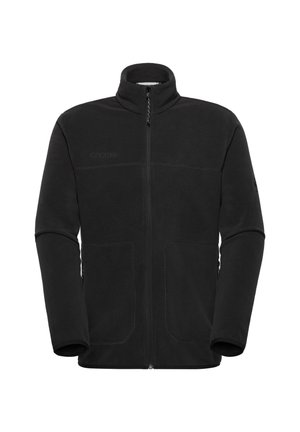 Veste polaire noire à fermeture éclair intégrale avec col montant, manches longues, deux poches avant et logo de la marque discret sur la poitrine et la manche.