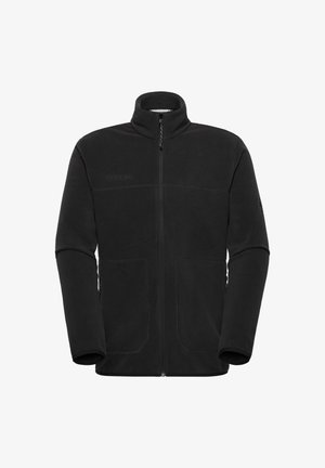 Schwarze Fleece-Jacke mit durchgehendem Reißverschluss, hohem Kragen, langen Ärmeln, zwei Fronttaschen und dezentem Markenlogo auf Brust und Ärmel.
