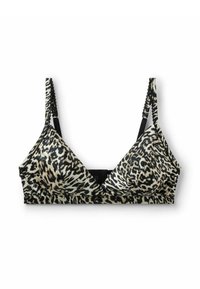 Leopardmönstrad bralette med svarta justerbara band, mjukt tyg och en triangulär design. Förstärkta sömmar och en hake-och-ögla stängning.