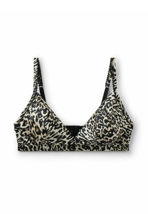 Bralette en imprimé léopard avec des bretelles noires réglables, en tissu doux et au design triangular. Coutures renforcées et détail de fermeture à crochet et œil.