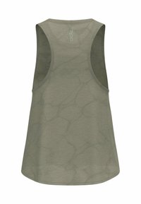Light olive green tank top with a subtle textured pattern, sleeveless design, rounded neckline, and a curved hem. Features a logo on the back.