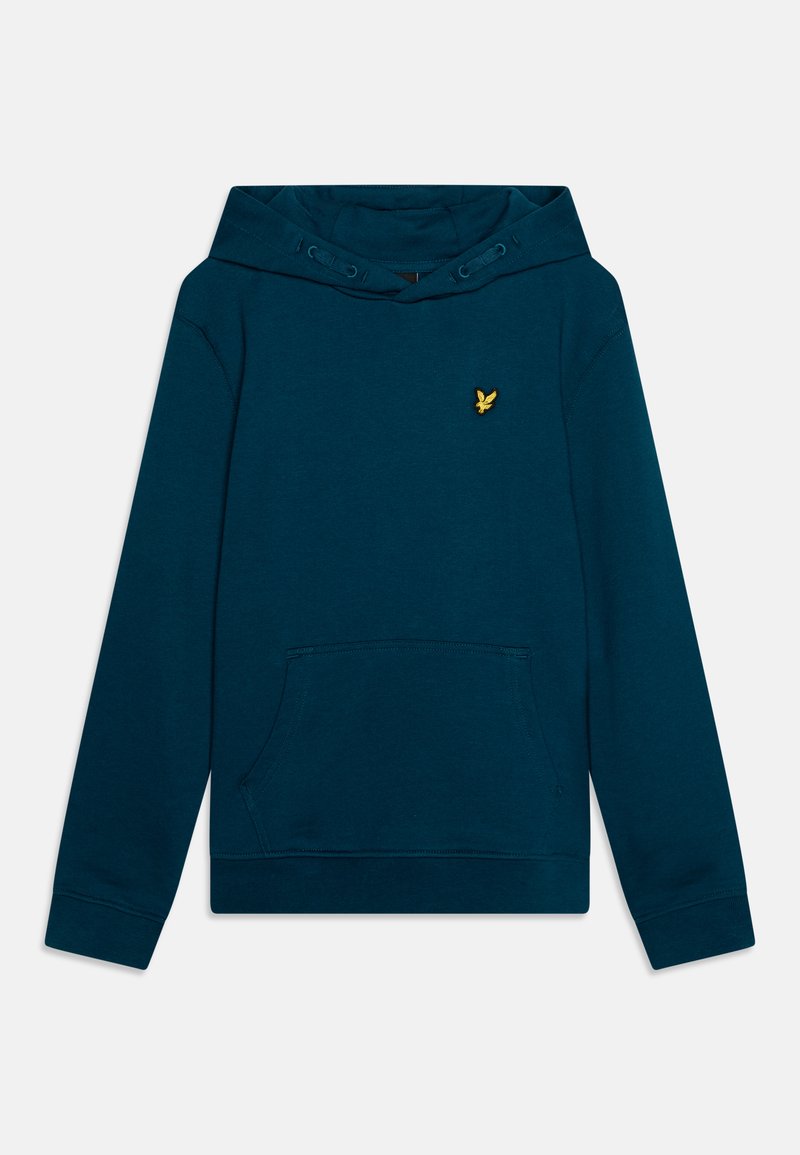 Teal hoodie made of soft fabric, featuring a front pocket, adjustable drawstring hood, and a small yellow embroidered logo on the chest.