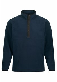 Pullover in pile blu navy con colletto alto, dotato di una chiusura a bottoni nera e una finitura in tessuto testurizzato. Logo ricamato sul petto.