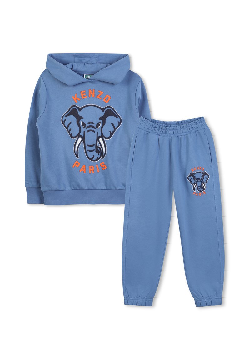 Zestaw niebieskiego hoodie i spodni dresowych z grafiką słonia oraz napisem "KENZO PARIS", wykonany z miękkiej mieszanki bawełny, z ściągaczami.