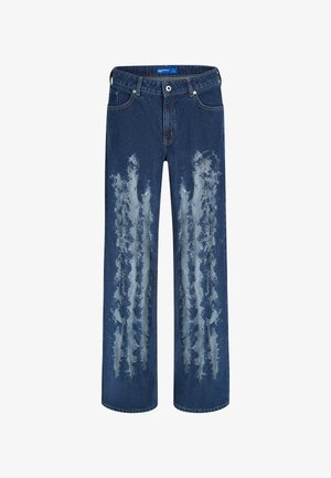 Tamsiai mėlynos džinsinės plačiakojės kelnės su susidėvėjusiais šviesiai mėlynais pleistrais ir vertikaliomis blukimo raštais priekyje. Mygtukų ir užtrauktuko uždarymas.