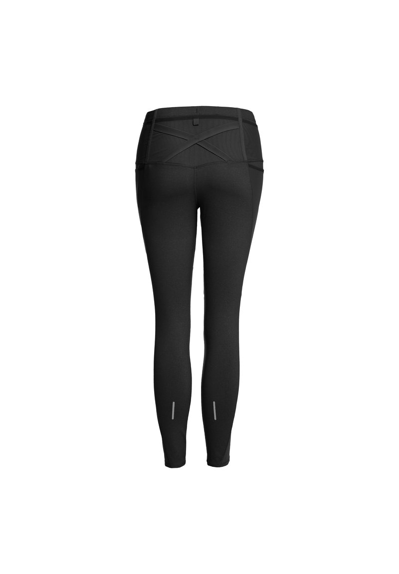 Leggings deportivos negros de longitud completa con cintura alta y bandas elásticas cruzadas en la parte posterior, con tiras reflectantes cerca de las pantorrillas.