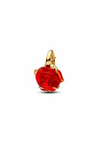 Ciondolo a forma di rosa rossa realizzato in resina lucida, rifinito con accessori in tonalità oro. Presenta dettagli intricati sui petali e una finitura liscia.