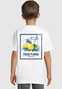 White cotton t-shirt featuring a colorful lemon and jar graphic with a blue border and “FRESH FLAVOR” text, designed for children.