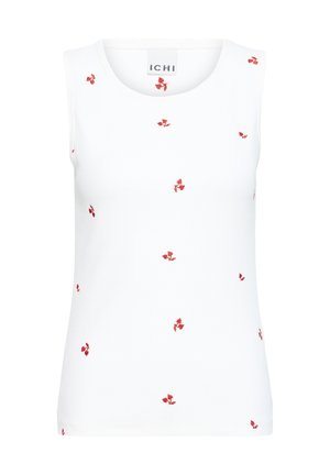 Haut blanc sans manches avec de petites impressions florales rouges éparses et un col rond, étiqueté marque ICHI à l'intérieur du col.
