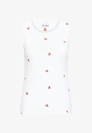 Valge varrukateta pluus, millel on väikesed punased lillemustrid ja ümar kaelus, sildiga ICHI bränd kaeluse sees.