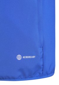 Blauwe sportstof met een gladde textuur, met een witte "AEROREADY" logo en wereldgrafiek nabij de zoom.
