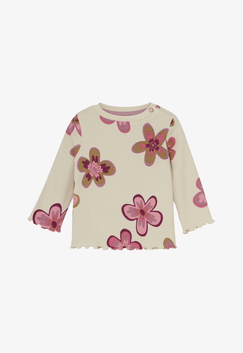 Cremefarbens Langarm-Babyschirt mit gewellten Kanten und floralen Mustern in Rosa, Lila und Grün, mit einem Knopfverschluss an der Schulter.