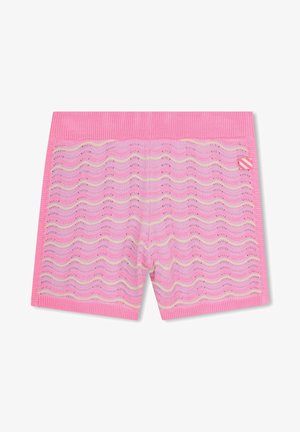 Pink knit shorts with a wave pattern, featuring a ribbed waistband and light yellow accents. Soft texture and breathable design.