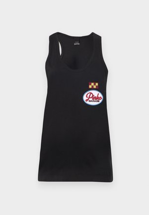 Zwart tanktop met een ronde hals, uitgerust met een geborduurd "Pinko Garage"-label en een geel en kastanjebruin geblokt embleem.