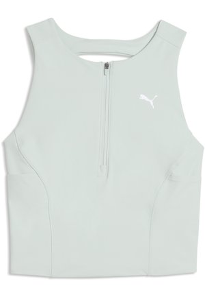 Top deportivo corto sin mangas de color verde claro con cierre frontal y pequeño logo blanco de Puma en el pecho.