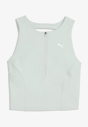 Jasnozielony sportowy top bez rękawów z zamkiem z przodu i małym białym logo Puma na piersi.