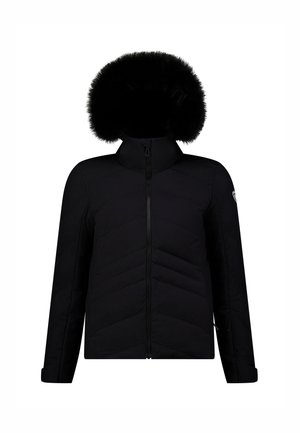 Schwarze Pufferjacke mit hohem Kragen und abnehmbarem, mit Fell gefüttertem Kapuzen. Verfügt über einen Reißverschluss vorne und ein Chevron-Steppmuster. Lange Ärmel und verstellbare Bündchen.