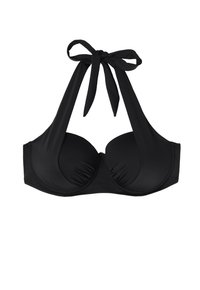Black bikini top with a halter neck design, padded cups, and self-tie straps. Smooth texture with minimal seams and no patterns.