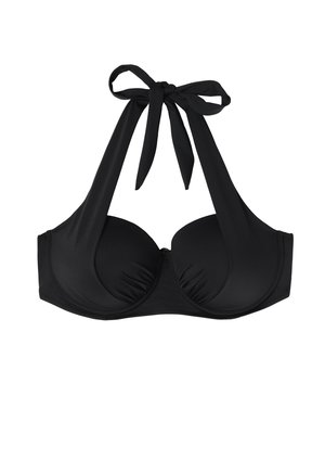 Čierny bikiny top s dizajnom za krk, polstrovanými pohárikmi a samostatne viazanými ramienkami. Hladká textura s minimálnymi švami a bez vzorov.