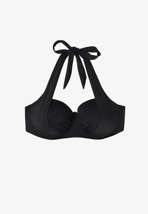 Must mustlane mustriga, millel on kaela kinnitamise disain, polsterdatud tassid ja ise siduvad rihmad. Sile tekstuur minimaalse õmbluste arvu ja ilma mustriteta.