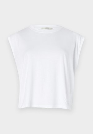 T-shirt cropped de algodão branco com mangas curtas, decote redondo e um tecido liso, ligeiramente texturado. Sem padrões ou hardware visível.