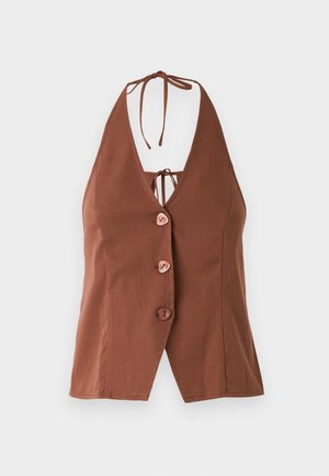 Hnedý top na holé ramená s hlbokým výstrihom do V, ktorý má štyri ružové gombíky a zaväzovanie okolo krku. Hladká tkanina s priliehavým strihom.