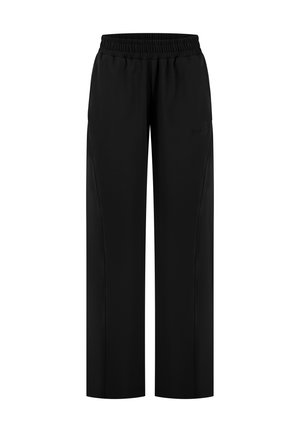 Pantalon noir à jambes larges avec ceinture élastique et détails subtils sur la couture latérale, adapté pour une tenue décontractée ou sportive.