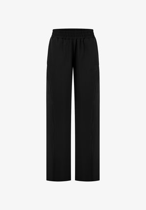 Pantalon noir à jambes larges avec ceinture élastique et détails subtils sur la couture latérale, adapté pour une tenue décontractée ou sportive.